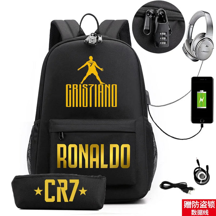 Ronaldo Printed Backpack With Usb And Lock 2 Piece Set