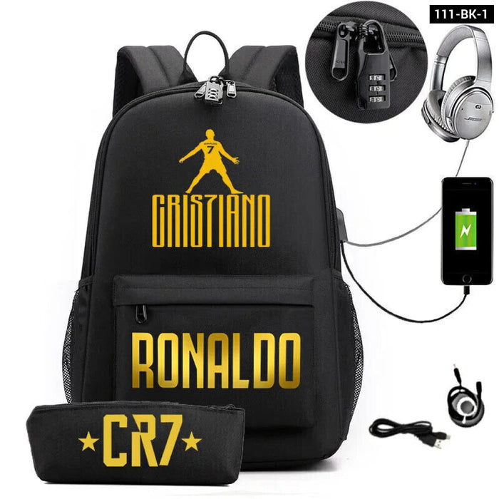 Ronaldo Printed Backpack With Usb And Lock 2 Piece Set