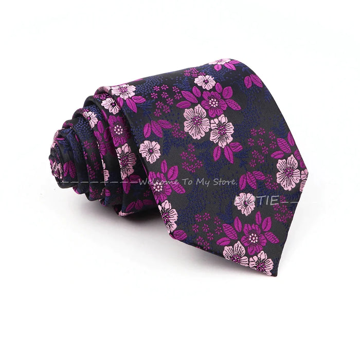 Floral Polyester Printed Necktie Purple Blue For Weddings