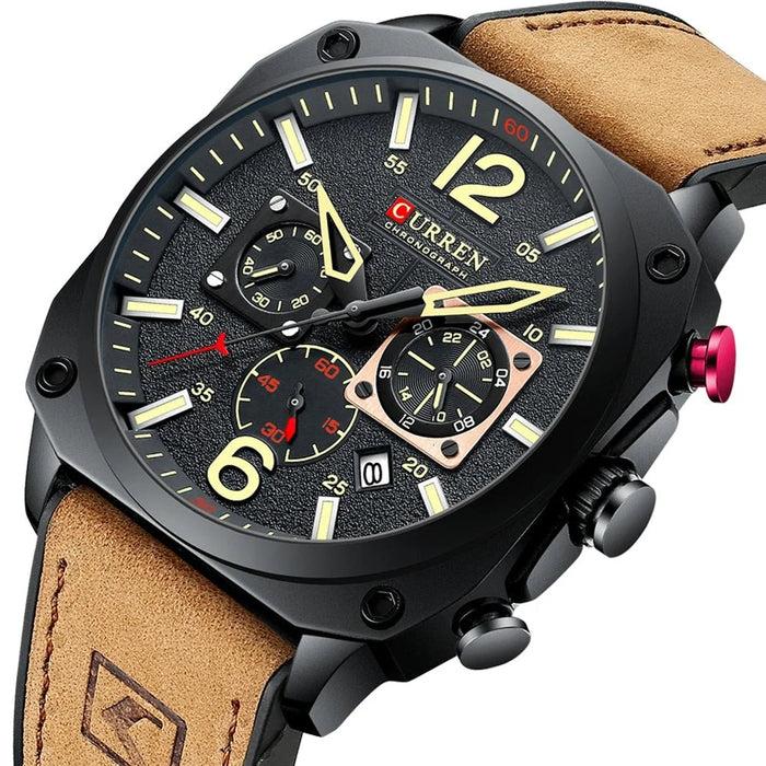 Brown Quartz Wristwatches For Male Luminous Chronograph Dial Leather Clock Casual Sports Watch