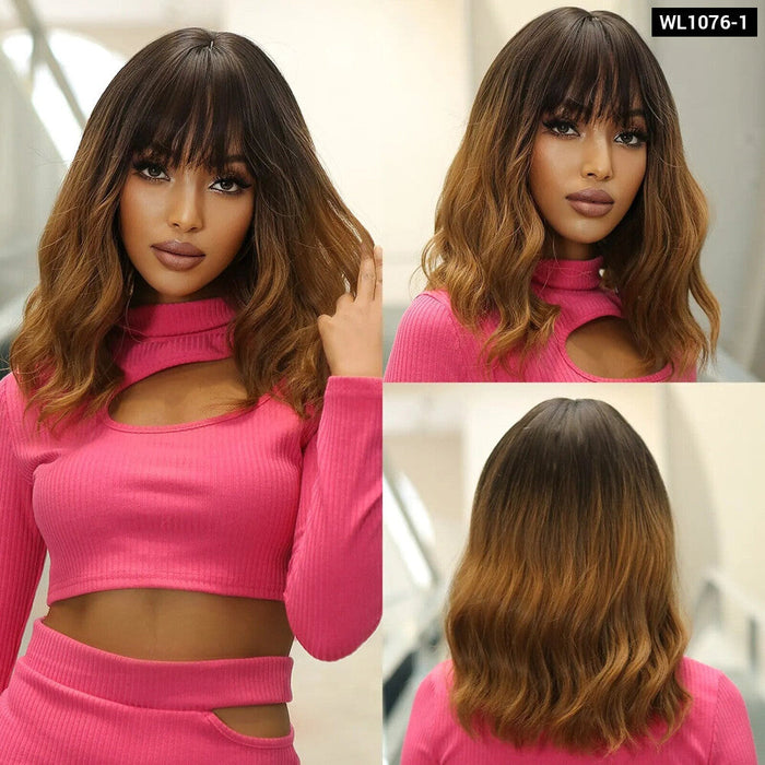 Dark Brown Wavy Bob Wig With Bangs