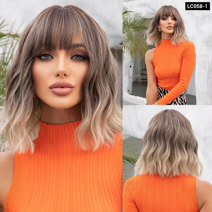 Grey Wavy Bob Wig With Bangs