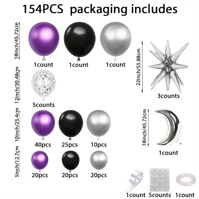 154Pcs Metal Purple Balloon Arch Kit Silver Moon Balloon Birthday Party Anniversary Engagement Graduation Ceremony Decoration