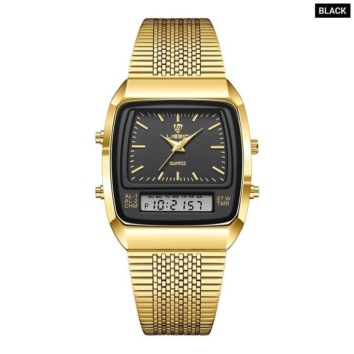 Golden Steel Strap Quartz Sport Watch Mens Dual Time Week Display Digital Wristwatches Waterproof Clock