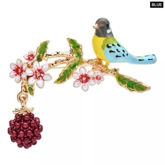 Enamel Fruits Bird Brooch 2 Colour Beauty Bird On Flower Branch Pin