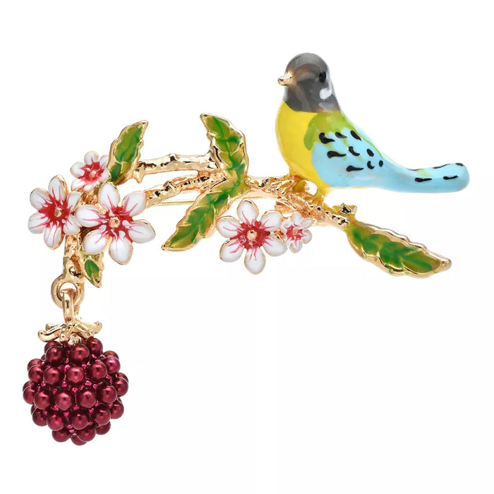 Enamel Fruits Bird Brooch 2 Colour Beauty Bird On Flower Branch Pin