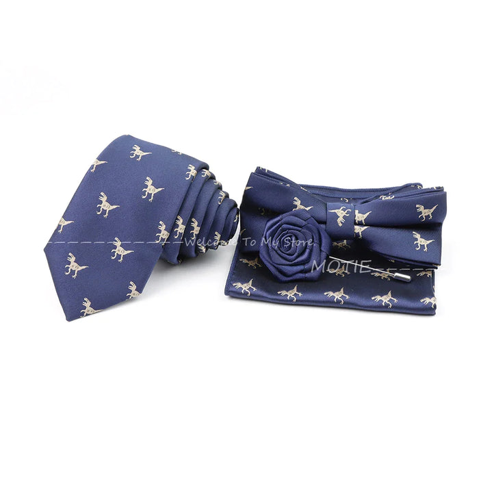 Cartoon Insect Tie Set Blue Bowtie Handkerchief Necktie For Men Business Party Casual Wear Gift