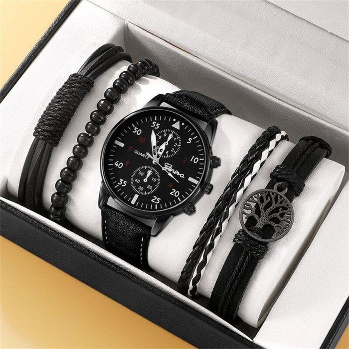 5PCS Set Fashion Mens Sports Watches Man Business Quartz Wristwatch Leather Bracelet Men Casual Clock Watch