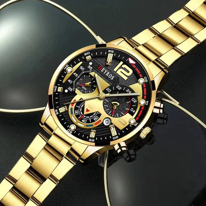 3PCS Set Fashion Mens Business Watches Male Casual Stainless Steel Quartz Wristwatch Men Gold