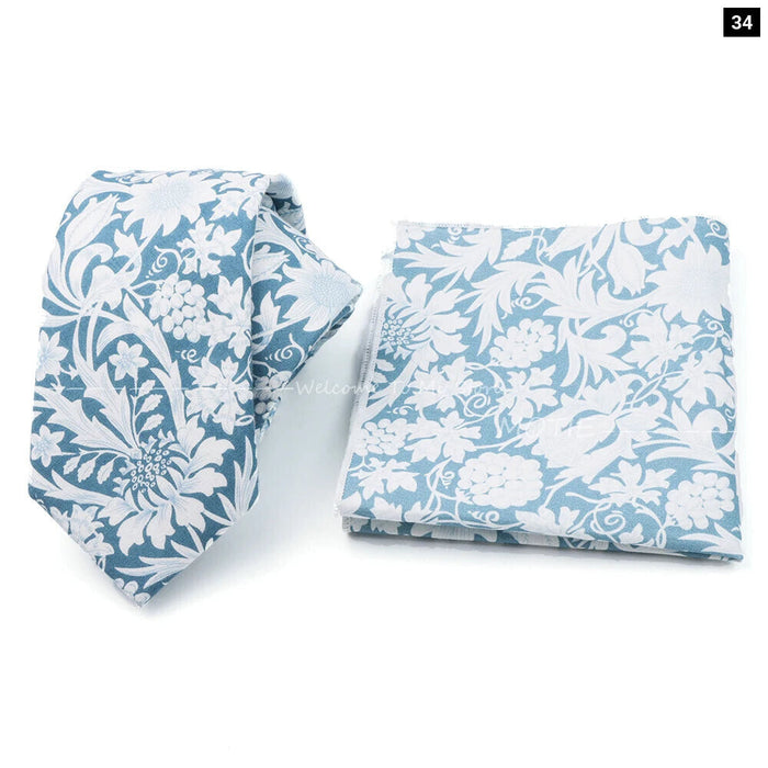 Floral Cotton Ties And Pocket Square Set For Business And Weddings