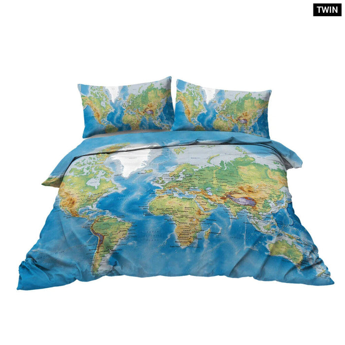 3 Piece World Map Bedding Set Duvet Cover With 2 Pillow