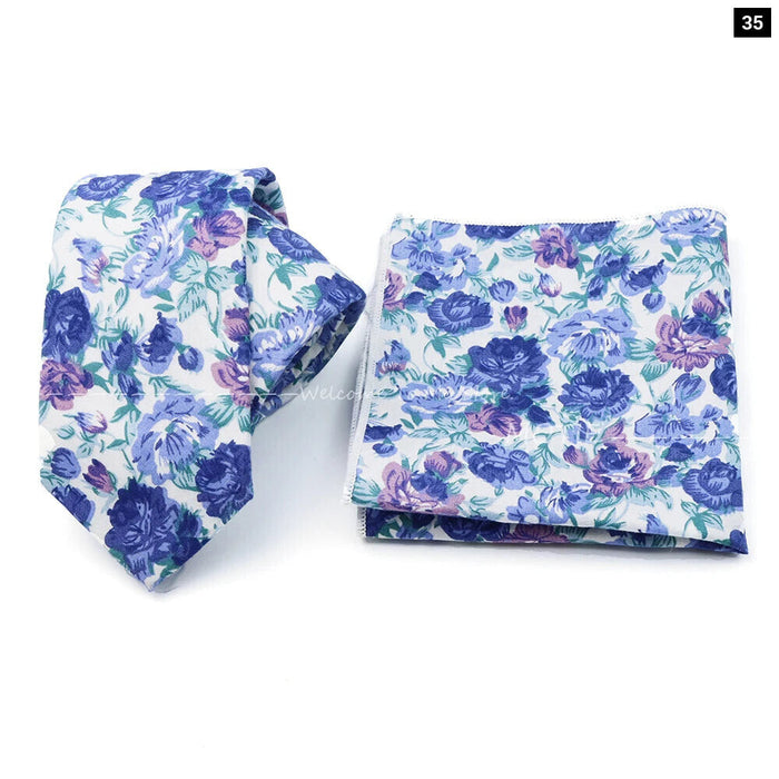 Floral Cotton Ties And Pocket Square Set For Business And Weddings