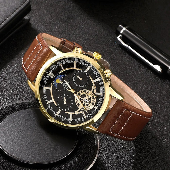 4PCS Set Men Watch Luxury Bracelet Set Fashion Business Brown Leather Quartz Wrist Watches for Men Set