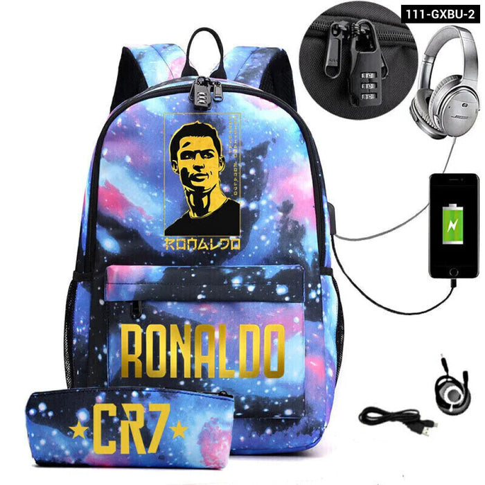 Ronaldo Printed Backpack With Usb And Lock 2 Piece Set