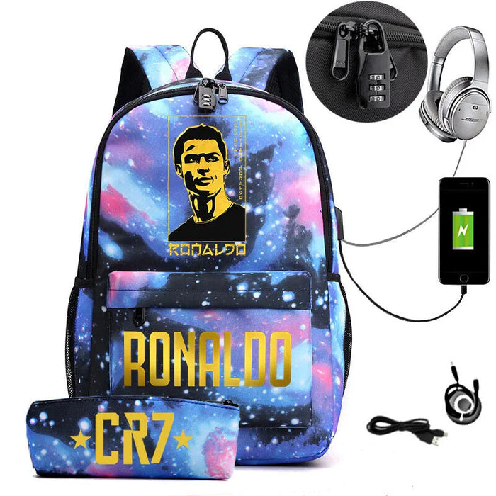 Ronaldo Printed Backpack With Usb And Lock 2 Piece Set