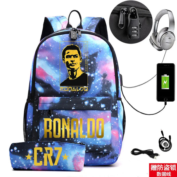 Ronaldo Printed Backpack With Usb And Lock 2 Piece Set