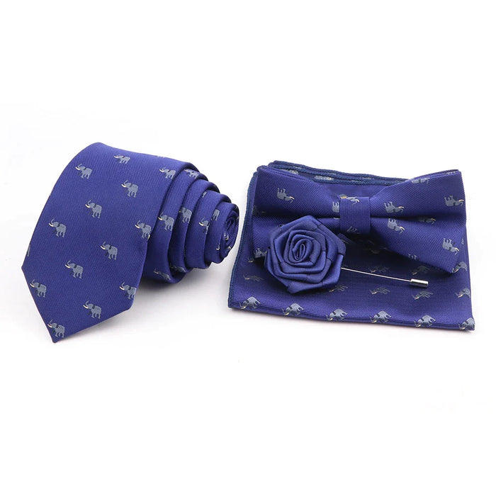 Cartoon Insect Tie Set Blue Bowtie Handkerchief Necktie For Men Business Party Casual Wear Gift