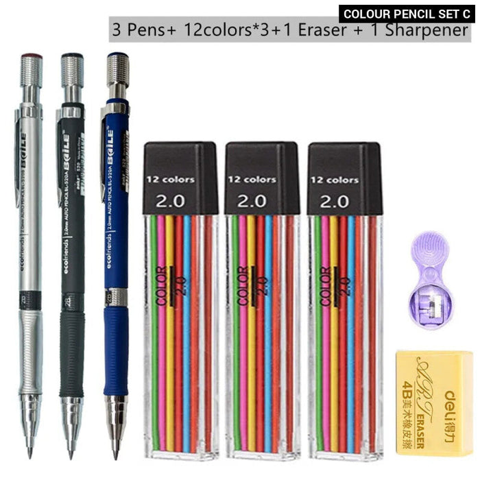 2.0Mm Mechanical Pencil Set With 2B Lead Refill For Writing Sketching And Drawing