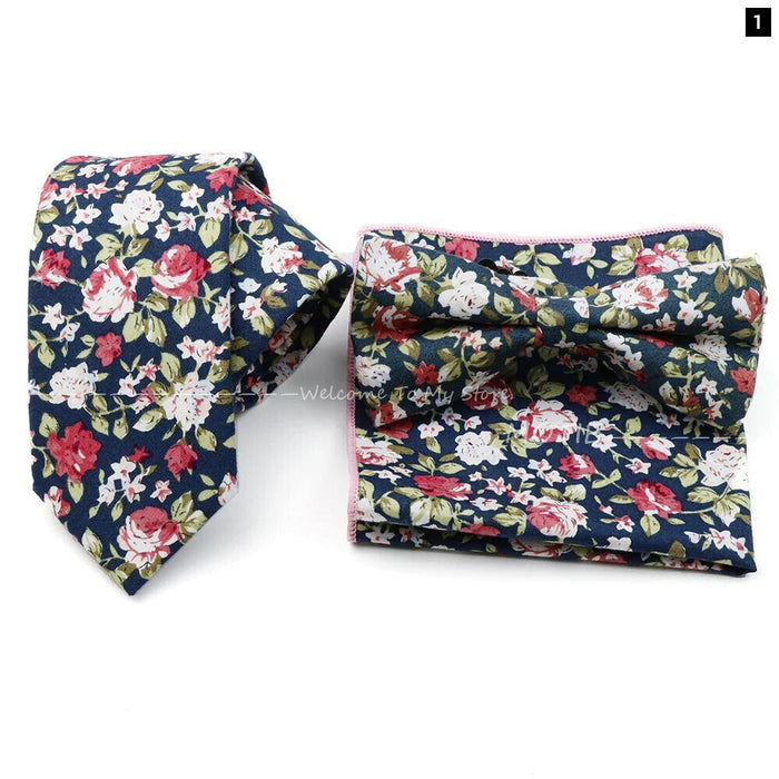 Floral Tie And Handkerchief Set For Business And Weddings