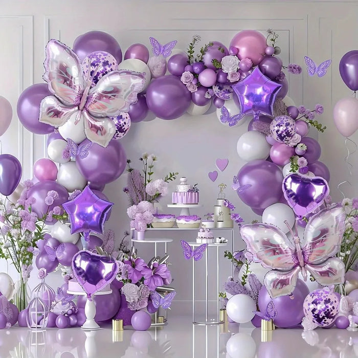 126Pcs Purple Butterfly Balloon Set Containing Butterfly Shaped Aluminum Balloons For Birthday Wedding Decoration.