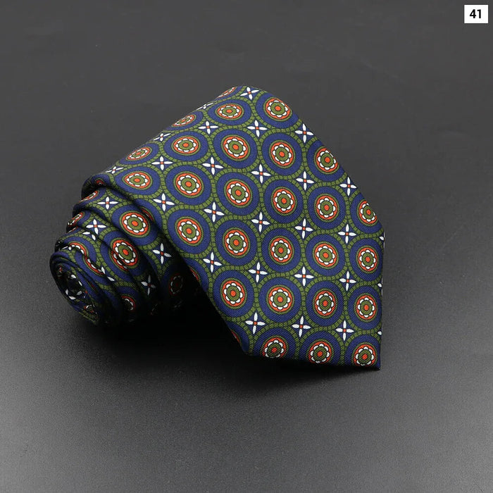 Silk Tie For Men 7.5Cm Soft Novelty Necktie In Blue Green And Orange Dot And Floral Design For Weddings And Business Gift Idea