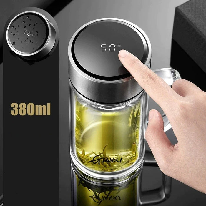 Portable Double Layer Glass Tea Cup With Temperature Display