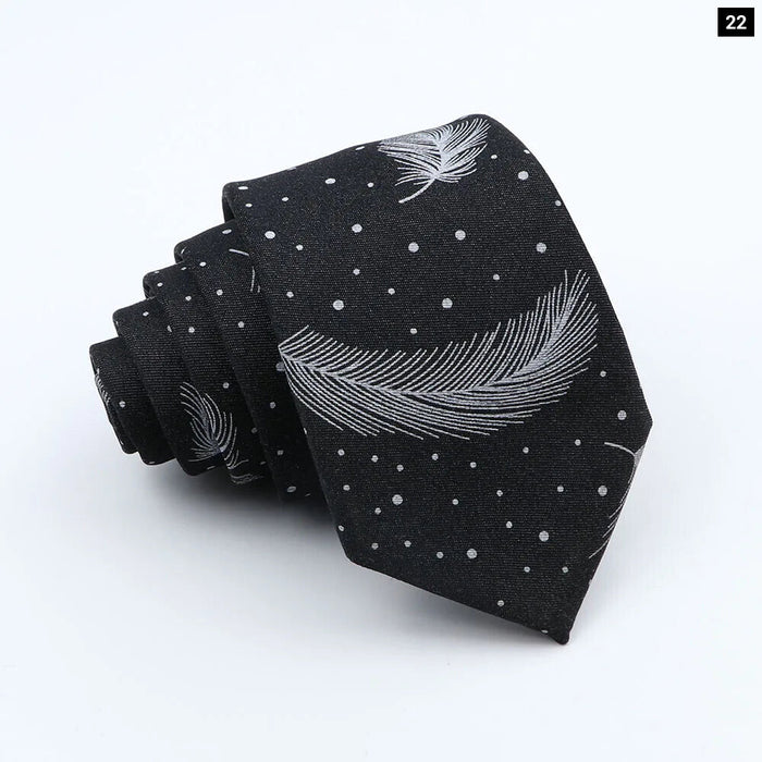 Classic Denim Floral Tie 7cm Skinny Cotton Feather Dot Mens