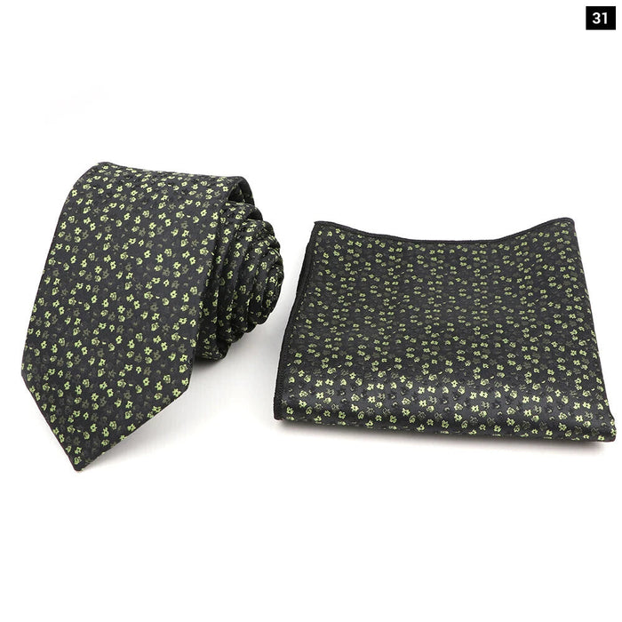 Green Floral Tie Set Classic Design Polyester For Weddings And Parties