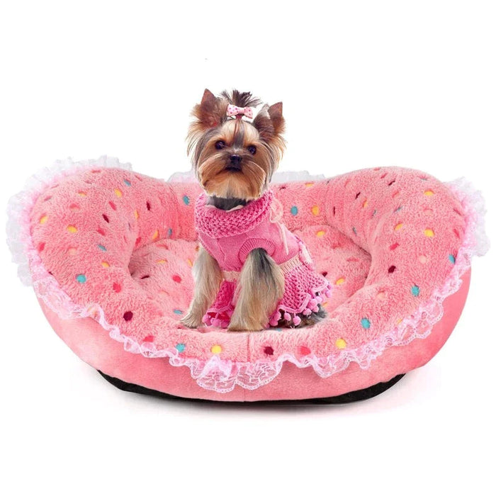 Princess Style Pet Bed Pink Polka Dots Soft Fleece Anti Slip Sofa