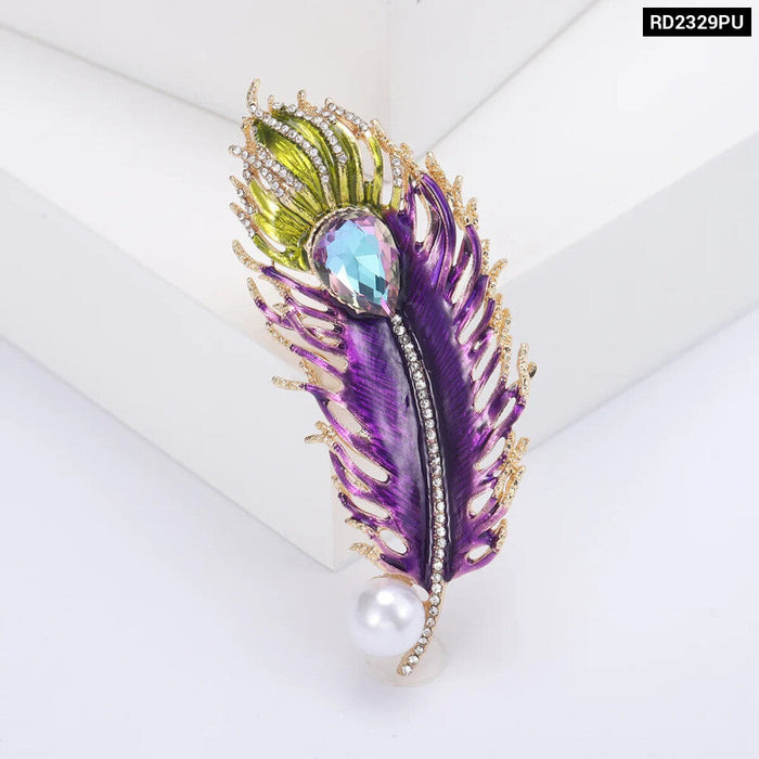 Feather Luxury Brooch For Women Shiny Enamel Pin With Pearled For Party Clothing