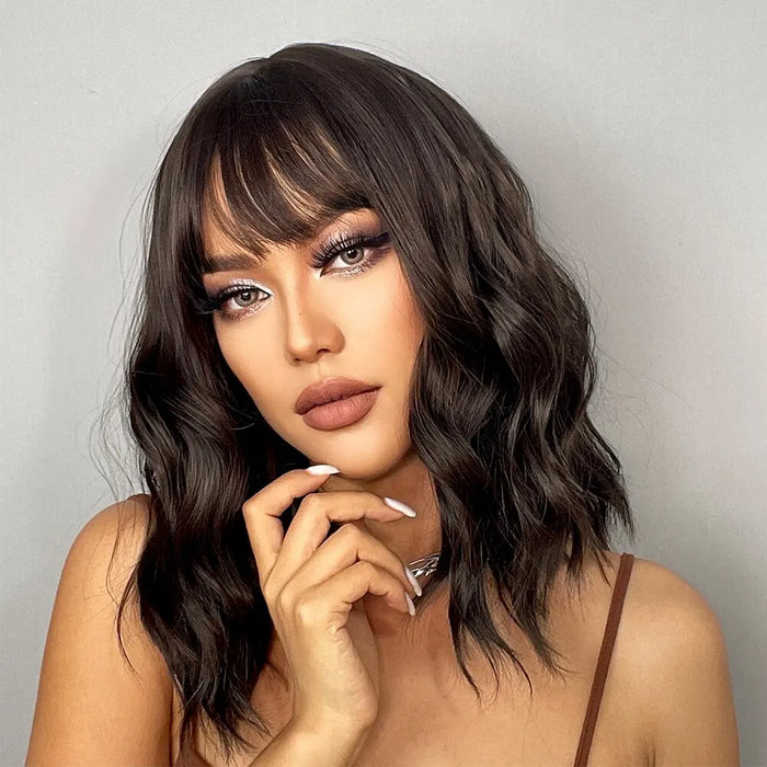 Dark Brown Wavy Bob Wig With Bangs