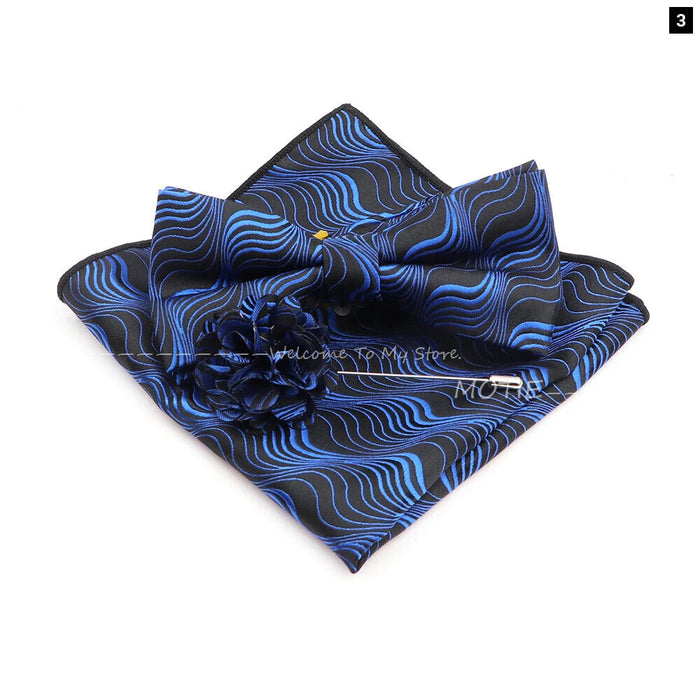 Blue Floral Pocket Square Set Bowtie Cufflink Brooch For Weddings