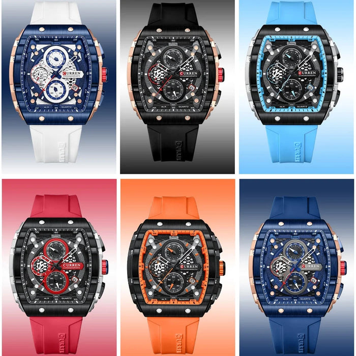 Casual Rectangular Silicone Straps Chronograph Quartz Wristwatches With Auto Date