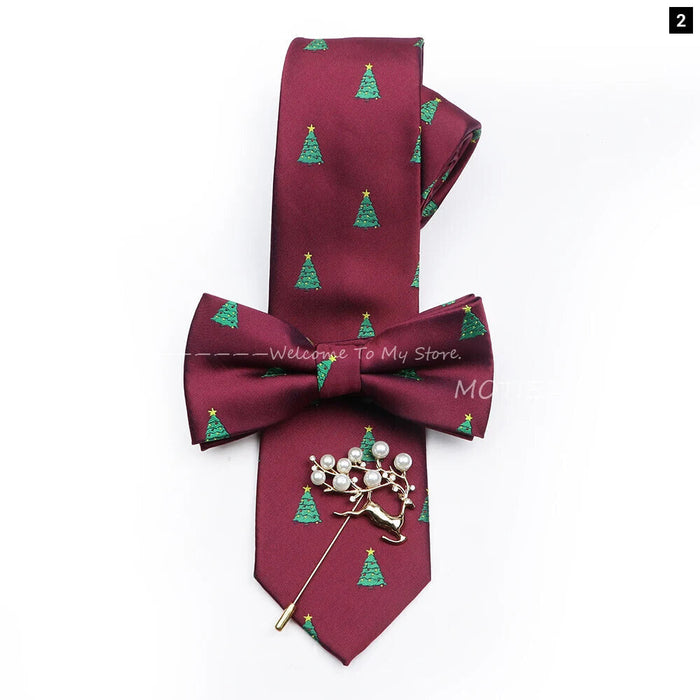 Christmas Tie Set Red Snowflake Bowtie And Brooches For Parties And Gifts