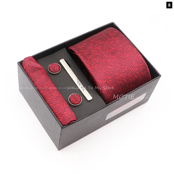 Red Floral Tie Set Gracefully Polyester With Box Pocket Square Cufflink And Tie Clip For Weddings And Gifts