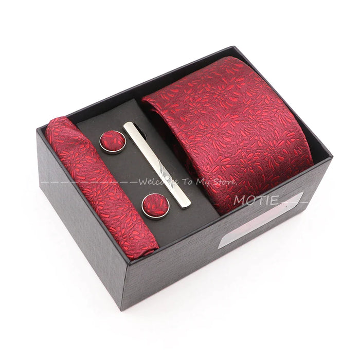 Red Floral Tie Set Gracefully Polyester With Box Pocket Square Cufflink And Tie Clip For Weddings And Gifts