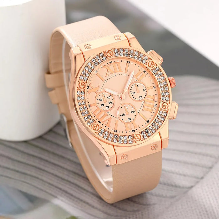 5Pcs Set Fashion Women Jewelry Watches Ladies Dress Leather Quartz Watch Rhinestone Womens Necklace Earrings Bracelet Wristwatch