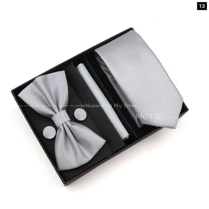 Premium Striped Tie Set Box Necktie Bowtie Handkerchief Cufflinks For Weddings And Suits