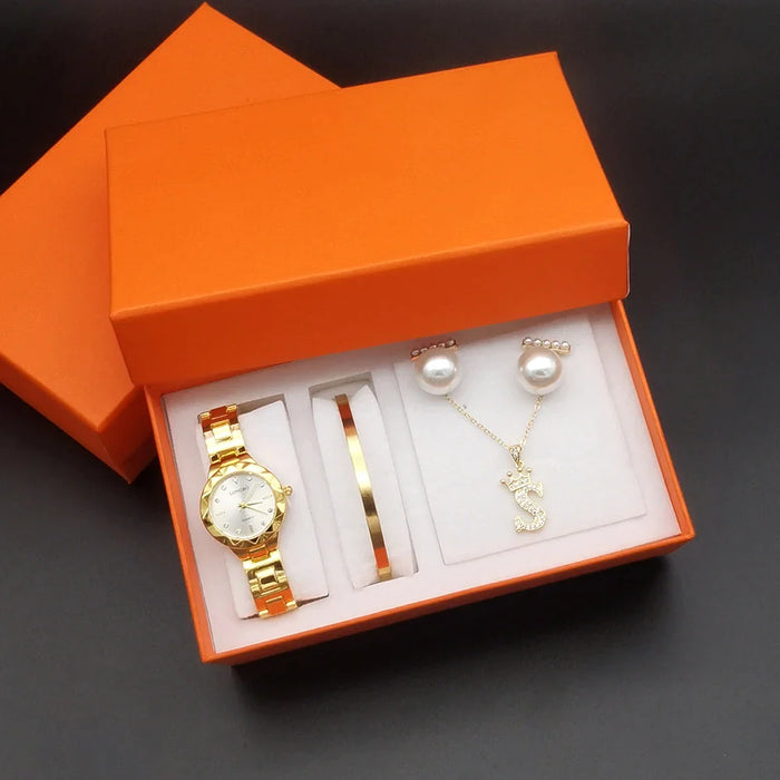 Womens Waterproof Quartz Watch 4Pcs Set With Accessory & Box