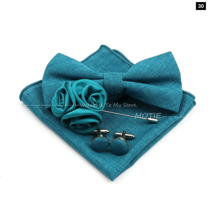 Classic Bowtie Set With Handkerchief Cufflink And Brooch