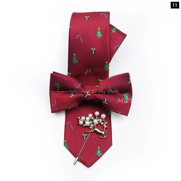 Christmas Tie Set Red Snowflake Bowtie And Brooches For Parties And Gifts