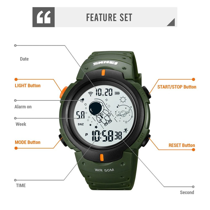 Men's PU Band LED Digital Display 5ATM 50M Water Resistant Wristwatch