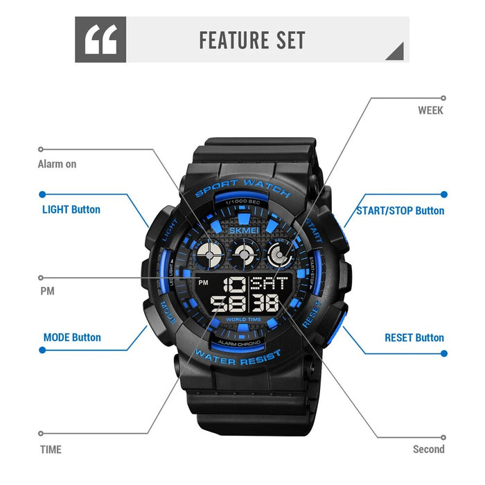 Men's PU Band LED Digital Display 5ATM 50M Water Resistant Wristwatch