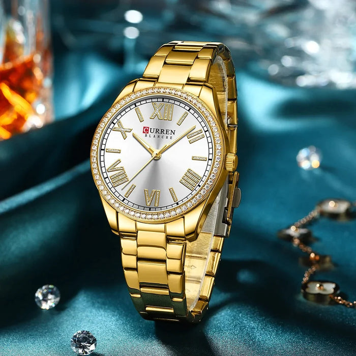 Stainless Steel Elegant Rhinestones Thin Luminous Quartz Wristwatch