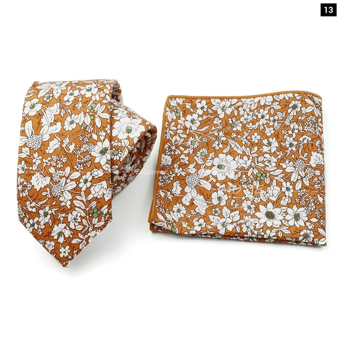 Floral Cotton Ties And Pocket Square Set For Business And Weddings