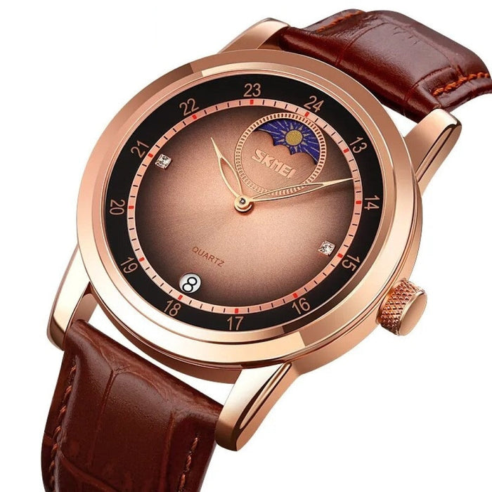 Men's PU Band Leather Analog Display Quartz 3ATM 30M Water Resistant Rose Gold Wristwatch