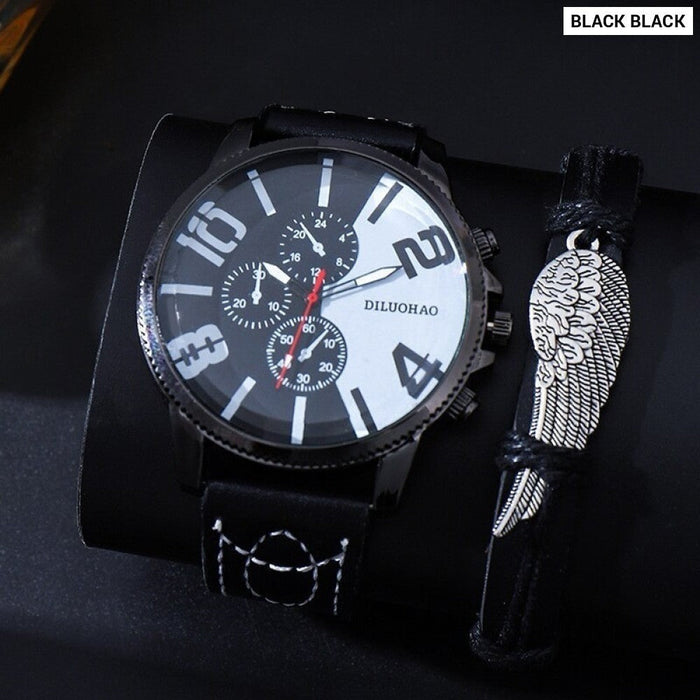 2pcs Big Dial Quartz Wristwatch Luxury Men Leather Business Casual Watch Bracelet Fashion For Daily Sports