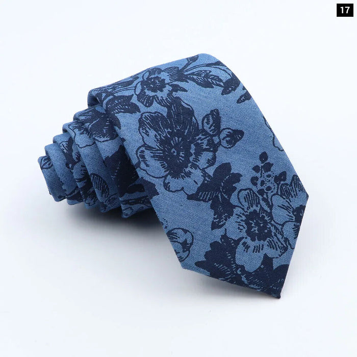 Classic Denim Floral Tie 7cm Skinny Cotton Feather Dot Mens