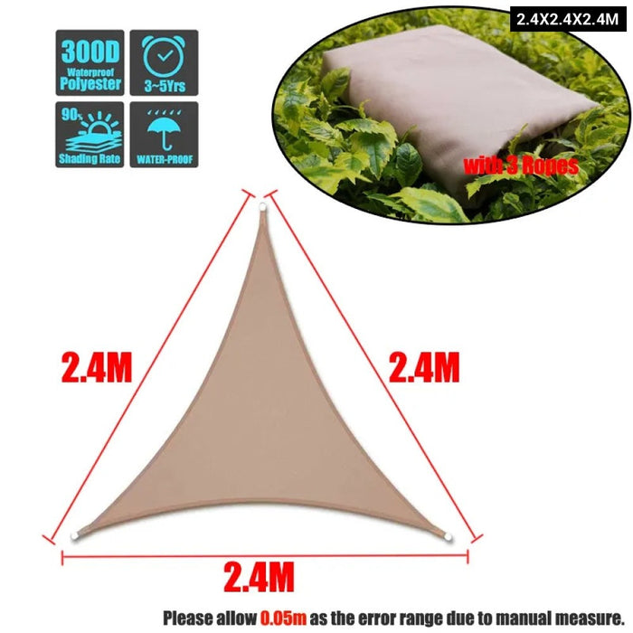 Khaki Regular Triangle Shade Sail Waterproof Polyester Awning Outdoor Sun Shelter Garden Camping 185Gsm