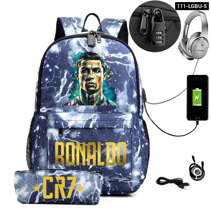 Ronaldo Printed Backpack With Usb And Lock 2 Piece Set